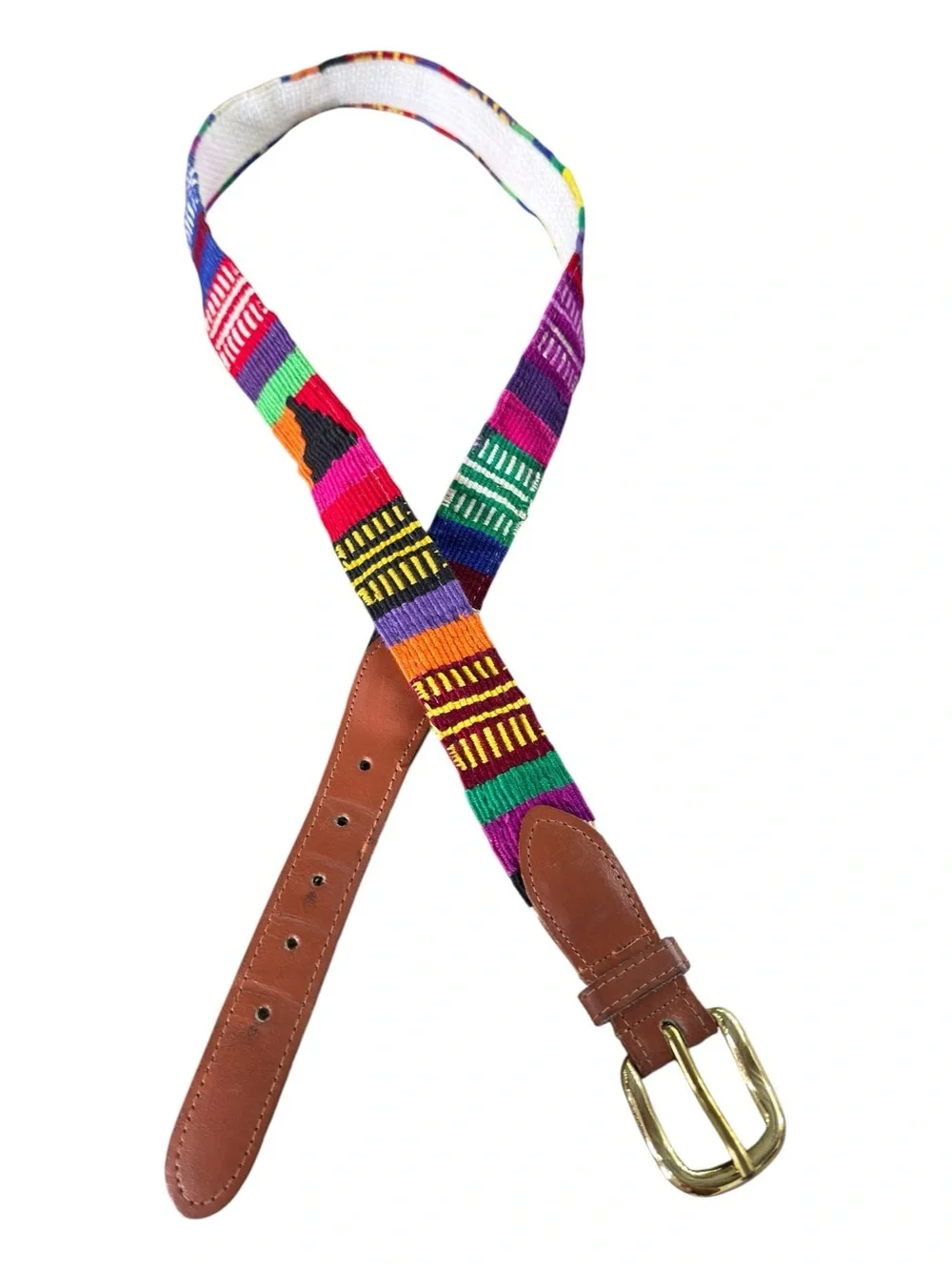 Vintage Guatemalan Woven Textile Leather Belt Sz 33 Multicolor Boho Southwestern